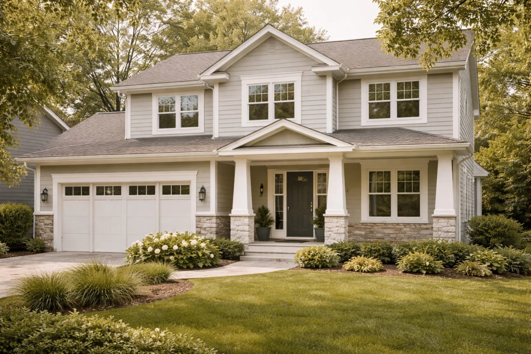 Front view of a two-story house with a white garage door, front porch, and multiple windows, surrounded by a landscaped yard with grass, bushes, and trees.
