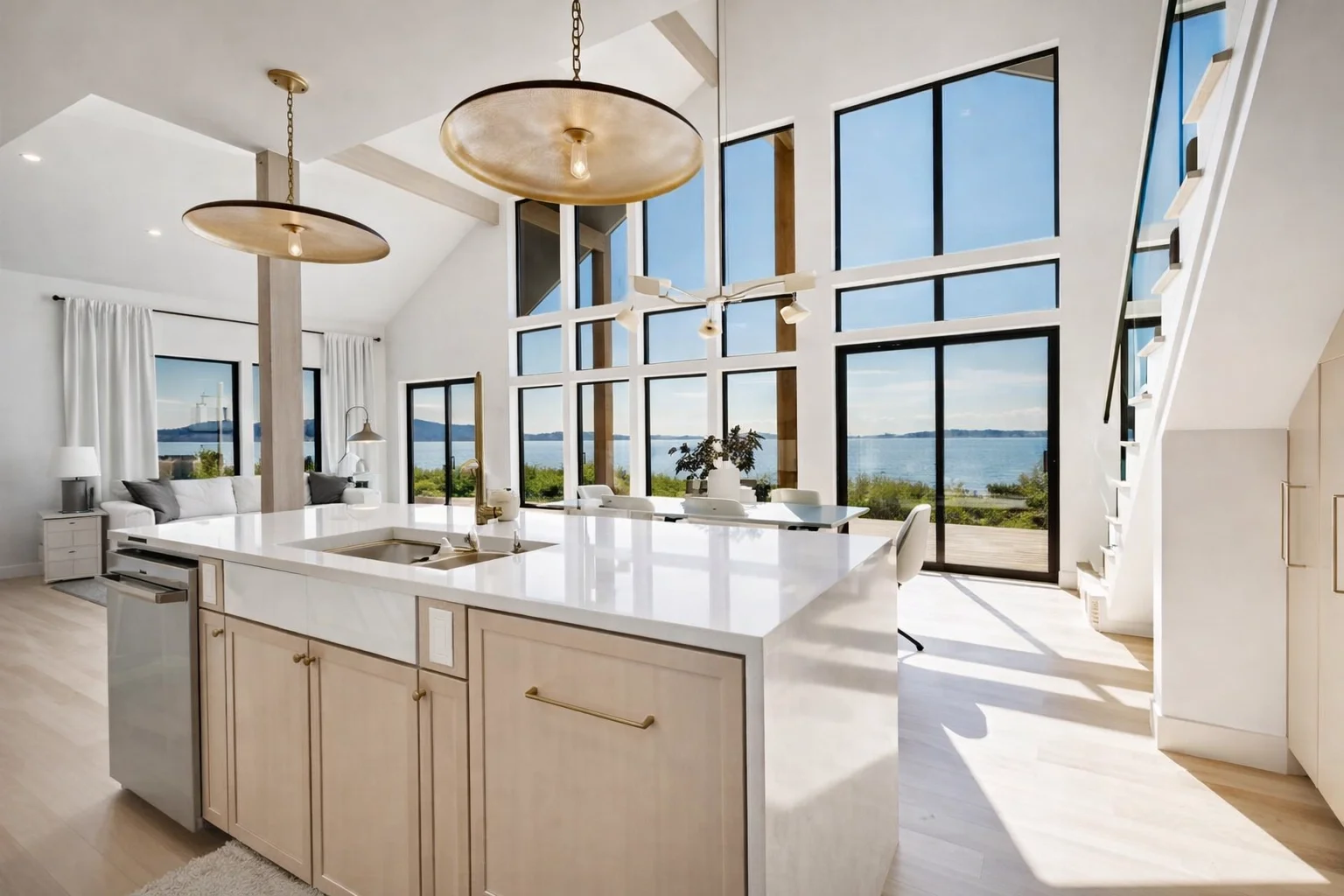 A modern, bright kitchen with large windows overlooking a body of water, with a white island counter, light wood cabinets, and white chairs around a dining table, with stairs to the right and a living area with white curtains and sofa in the background.