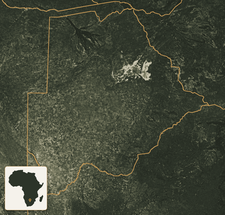 Mapa vintage de Botsuana com Delta do Okavango, Maun, Chobe, Makgadikgadi, Central Kalahari e localização na África