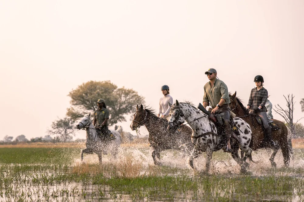 Cavaleiros atravessando as águas do Delta do Okavango a cavalo — Safari a Cavalo