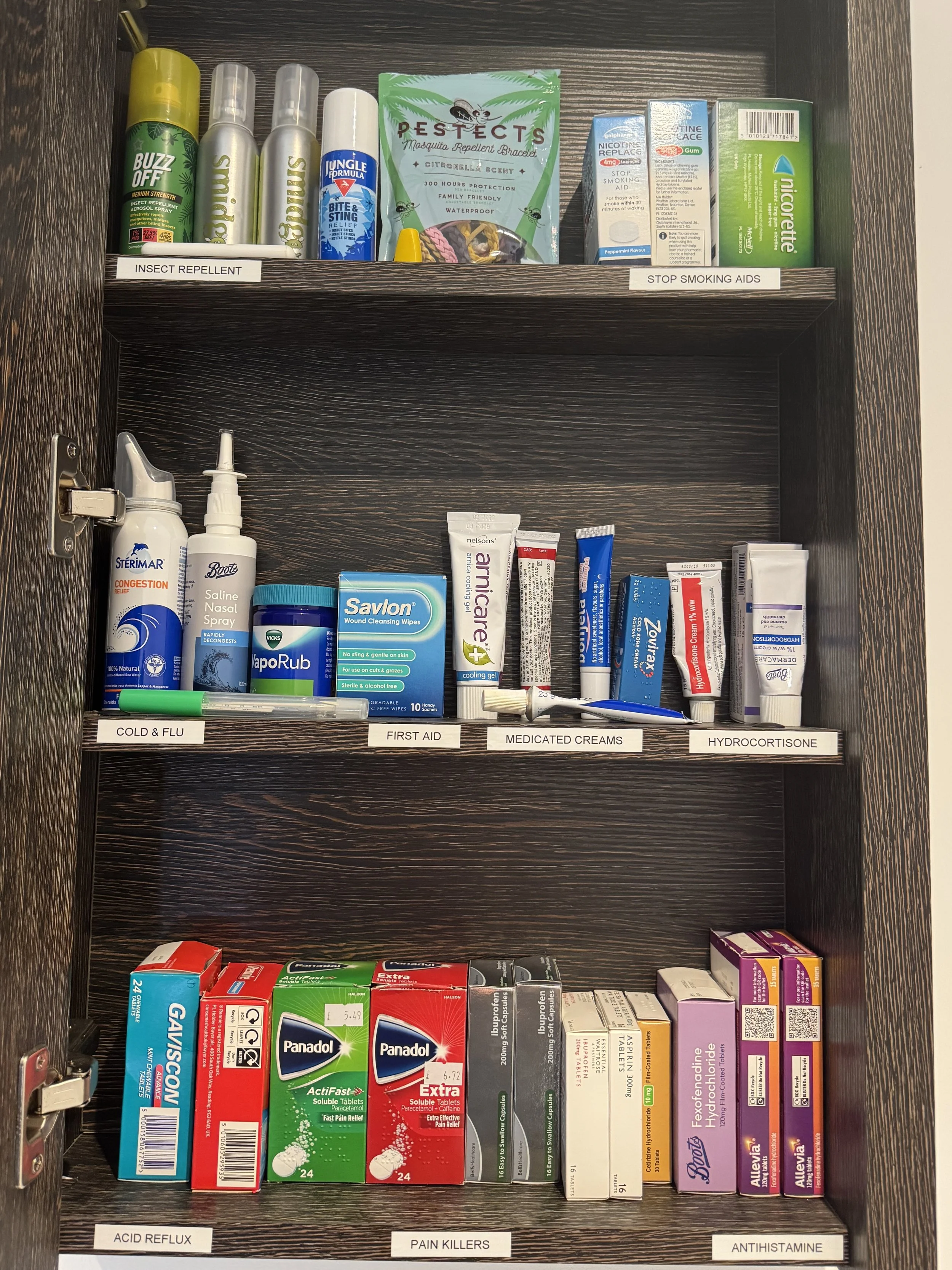 Organised bathroom medicine cabinet with medicines and first aid supplies grouped into clearly labelled categories for easy access.
