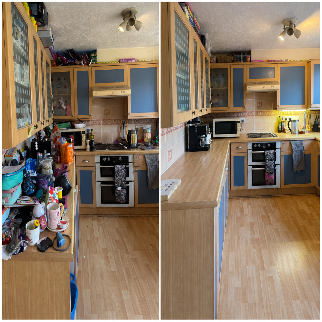 Kitchen reset
A kitchen reset focused on clearing the worktops, decluttering food and household items, and organising what remained to create a more practical and manageable space.