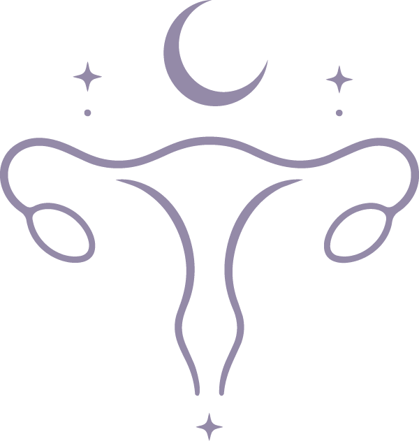 Zeichen des Logos Wombspace. Feine Outline, Uterus, Sterne und Mond