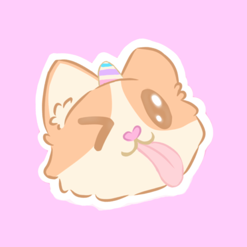 Cute cartoon cat with one eye winking, tongue sticking out, wearing a colorful party hat, on a pink background.