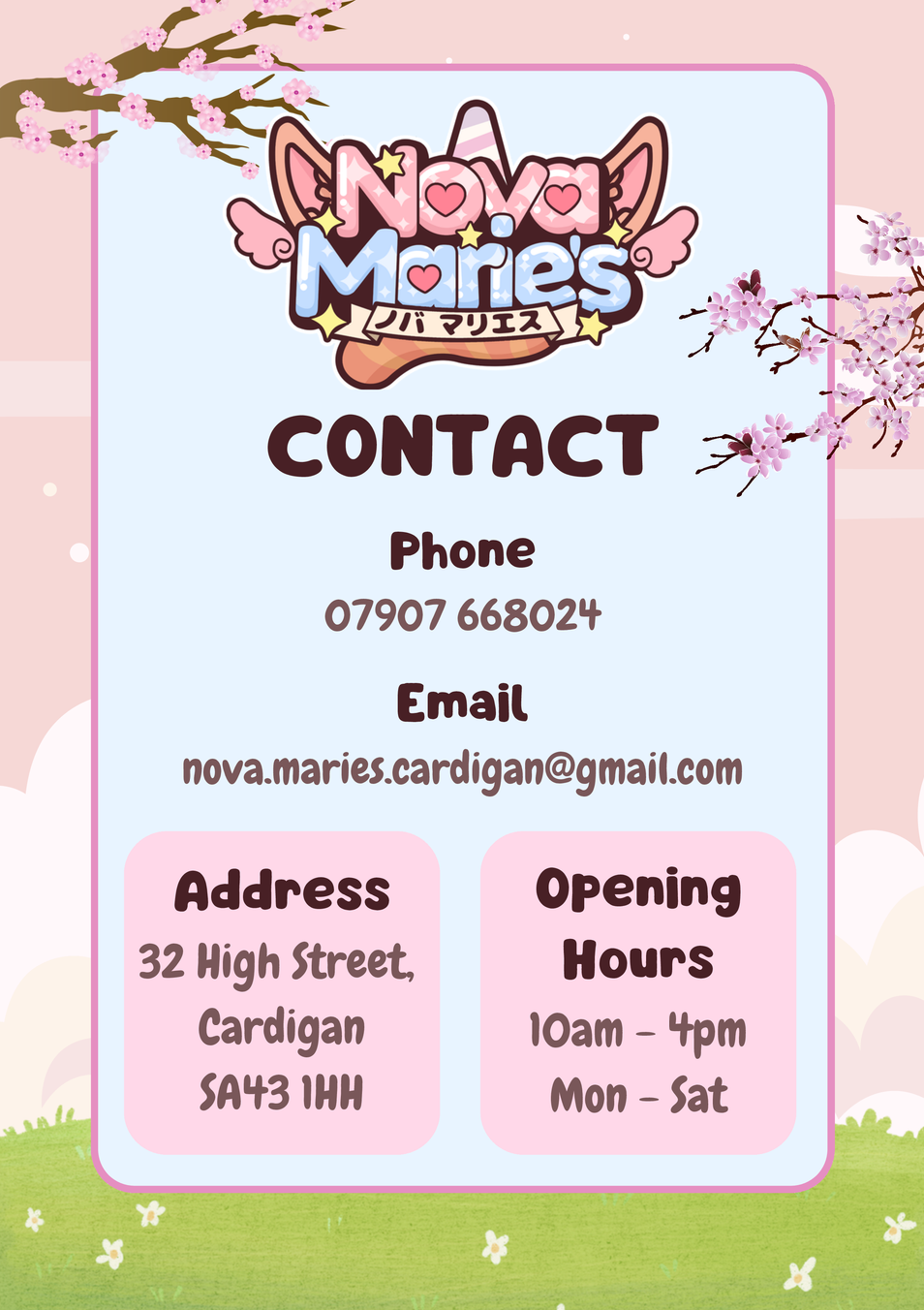 Contact information for Nova Maries, a store with a logo featuring a unicorn with wings and Japanese characters, set against a background with cherry blossom branches and a pink sky.