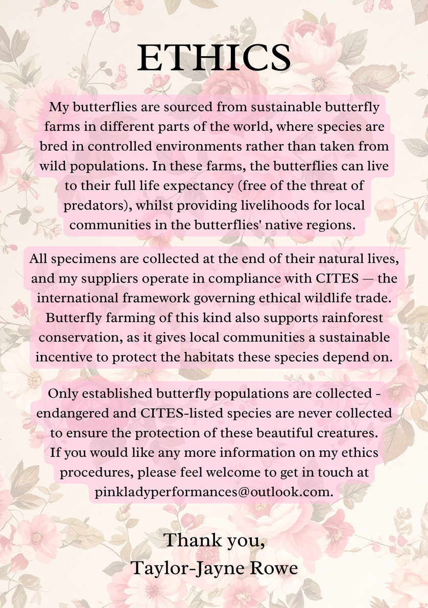 A floral background with pink and beige flowers and green leaves, featuring the word 'ETHICS' in bold black letters at the top, and a message about butterfly ethics and conservation below.