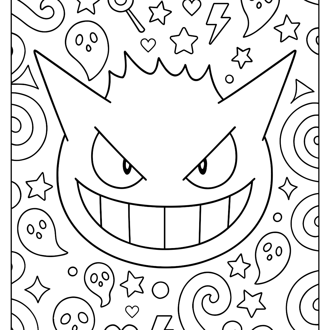 A black and white coloring page featuring a grinning, mischievous face with pointed ears and sharp eyes surrounded by various Halloween-themed doodles like ghosts, stars, spirals, lightning bolts, and hearts.
