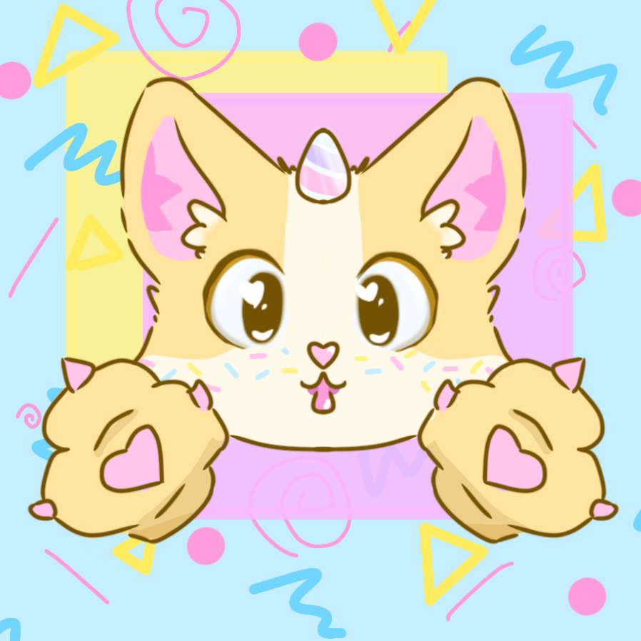 Colorful cartoon illustration of a cute cat with big eyes, a small heart-shaped nose, a small tongue showing, holding pink heart-shaped paws up, with a light blue background adorned with yellow, pink, and blue abstract shapes.