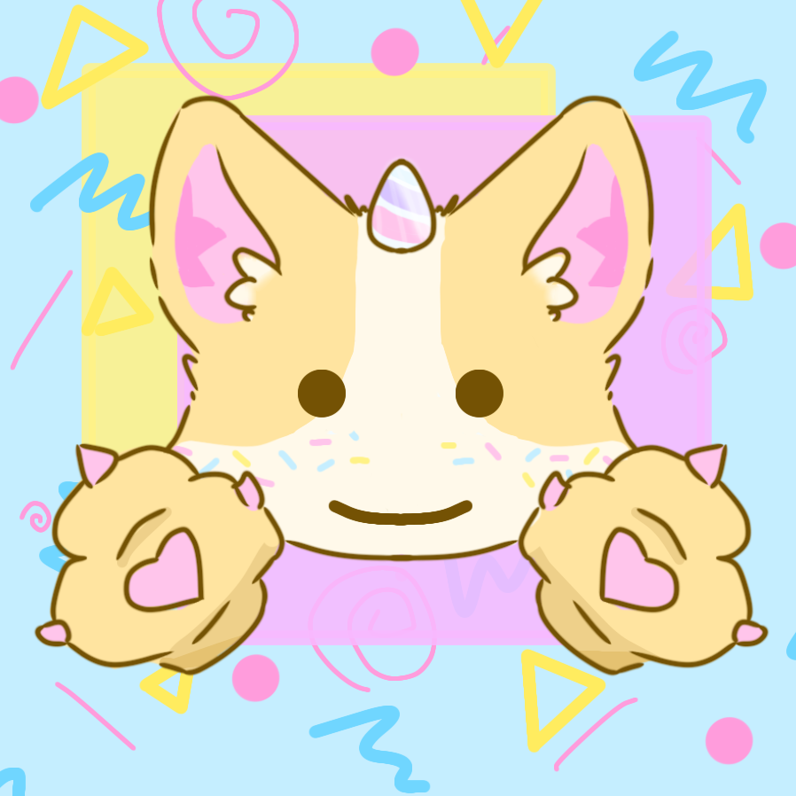 Cute cartoon dog face with pink ears, a rainbow-colored horn on its forehead, and paws raised, surrounded by colorful geometric shapes and squiggles on a pastel background.