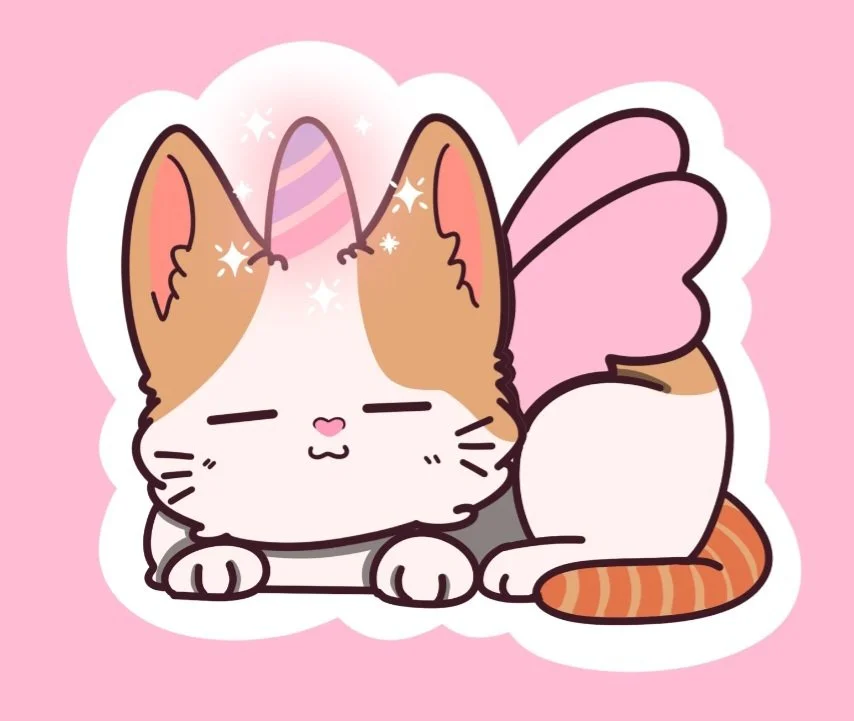 Cute cartoon cat with a unicorn horn, fairy wings, and a pink background.