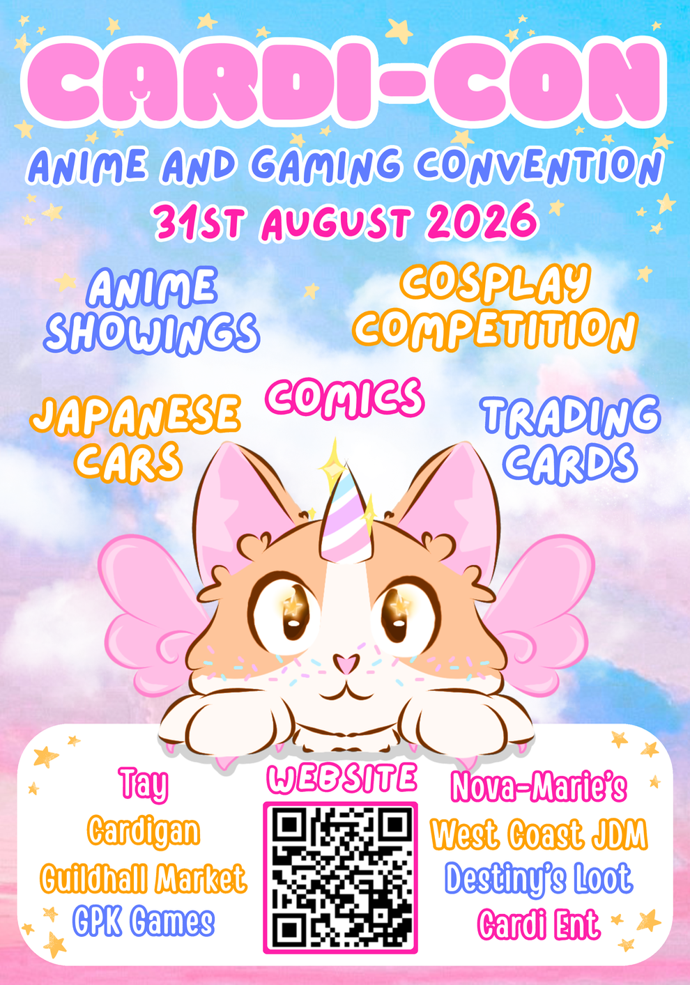 Bright, colorful poster for Cardi-Con, an anime and gaming convention happening on August 31, 2026. Features a cute cartoon cat with a unicorn horn, pink wings, and a party hat. Includes text about anime showings, cosplay competitions, comics, Japanese cars, trading cards, and more. QR code and website link at the bottom.