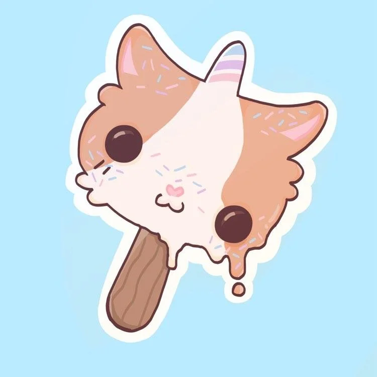 A cute cartoon illustration of a puppy's face as a melting ice cream with a popsicle stick, on a light blue background.