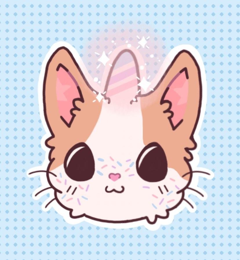 Cute cartoon cat with a unicorn horn, big dark eyes, pink and white fur, and sprinkles on its face, on a blue dotted background.
