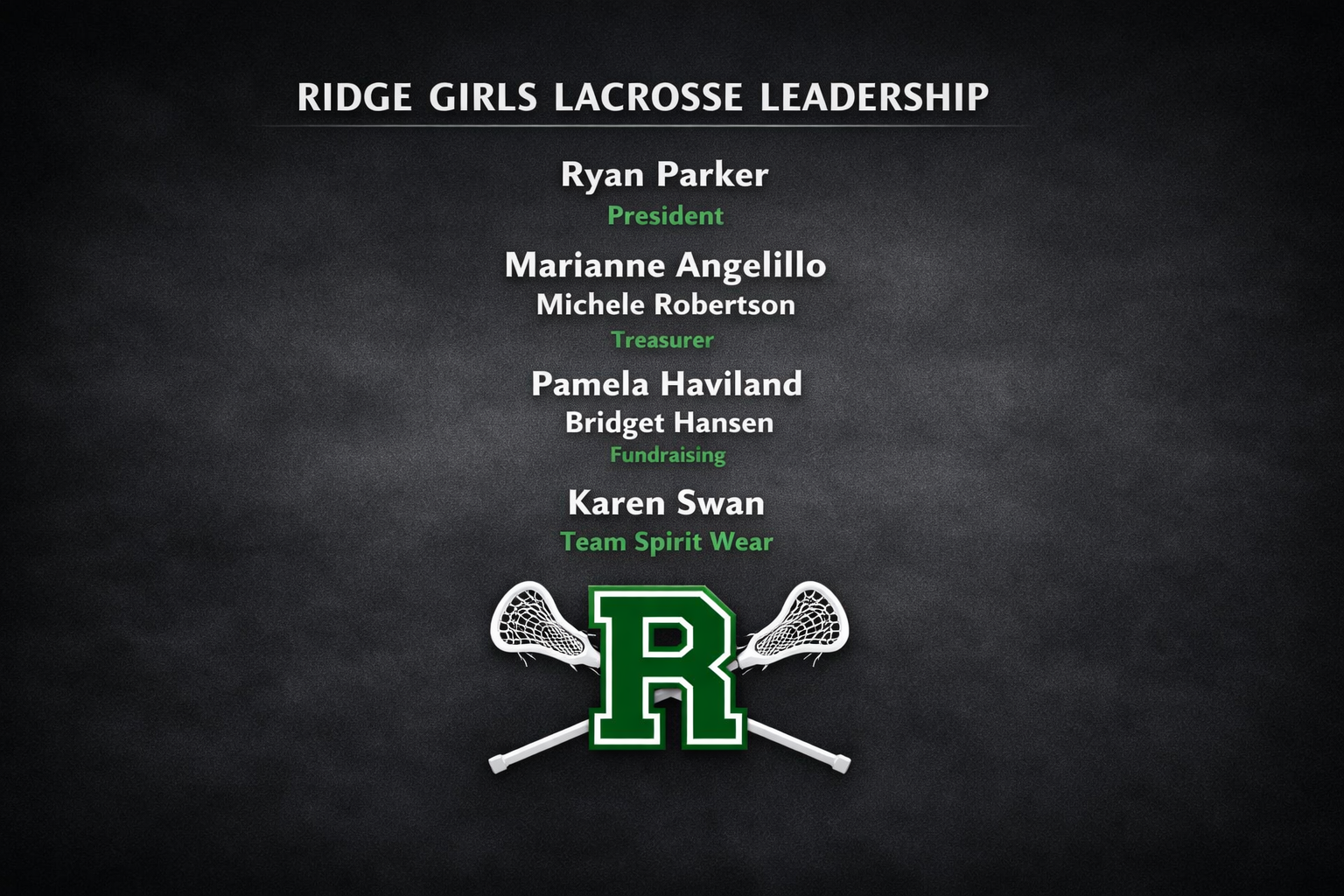 The Ridge Girls Lacrosse Board — Ryan Parker, Marianne Angelillo, Michele Robertson, Pamela Haviland, Bridget Hansen, and Karen Swan — supports the program through leadership, fundraising, team operations, and parent coordination. Their work ensures