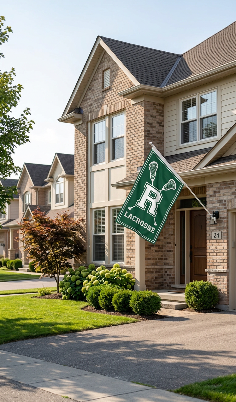 A Ridge lacrosse flag hanging on the front of a house, residential home exterior with flag mounted on the facade, suburban house setting, natural daylight.jpg
