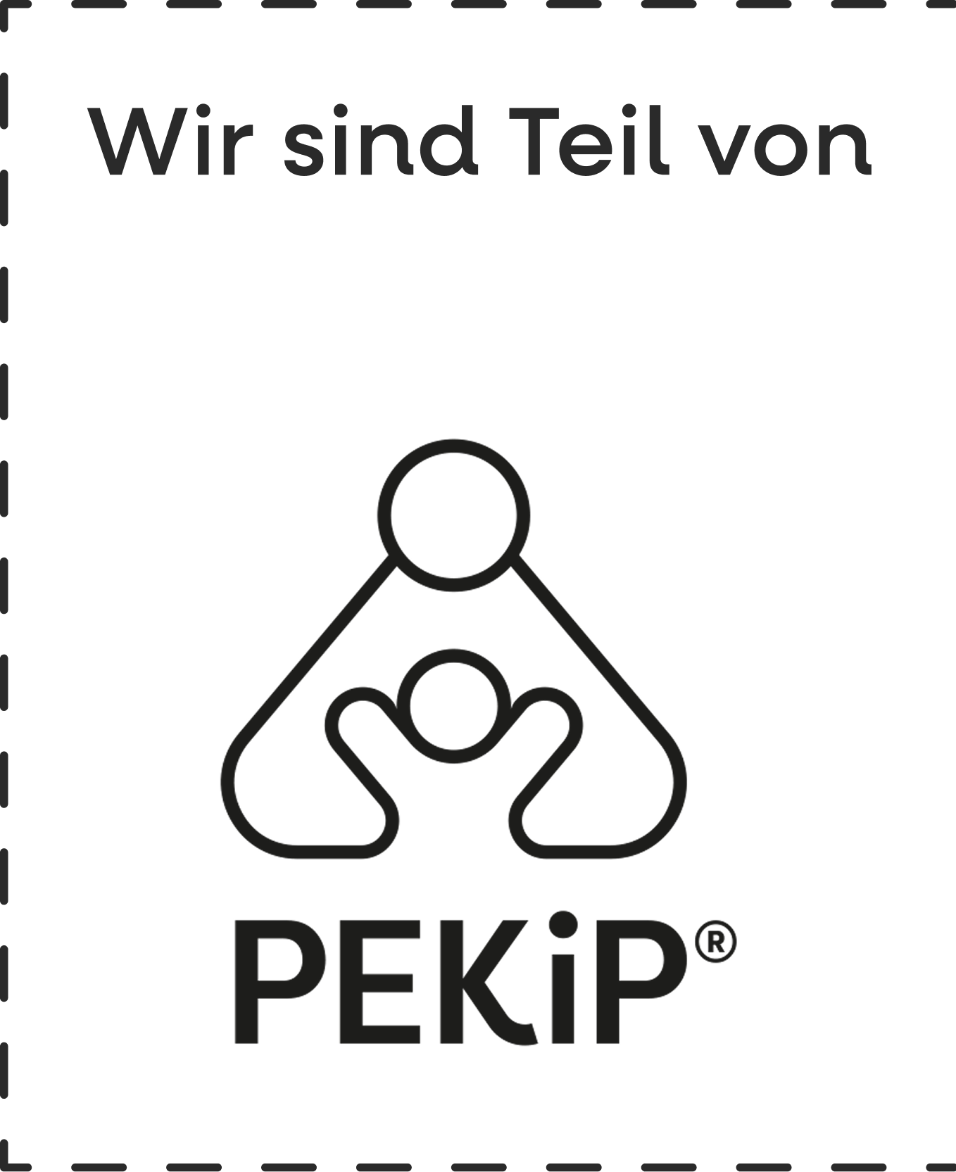 Schwarz-weißes PEKiP-Logo mit einer stilisierten Figur und dem Text 'Wir sind Teil von PEKiP'.