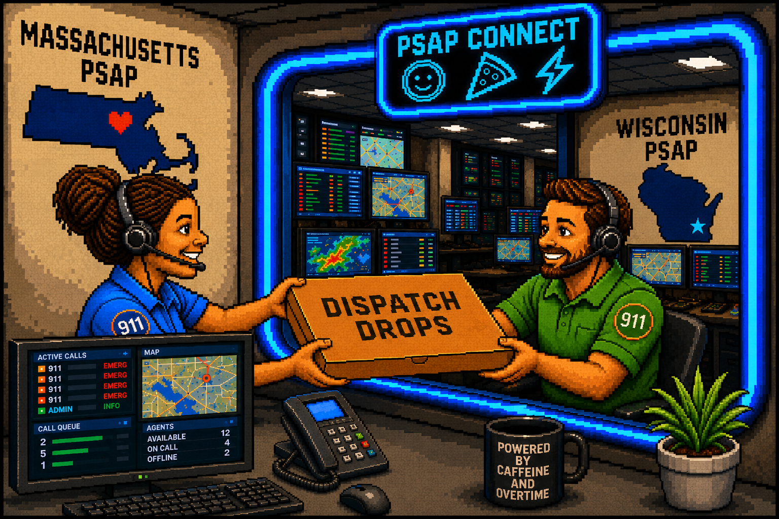 Pixel art illustration of a 911 dispatcher handing a box labeled 'Dispatch Drops' to a firefighter or emergency worker in a control room with multiple monitors, maps, and a neon sign that reads 'PSAP Connect'. The background features maps of Massachusetts and Wisconsin, and a desk with a phone, a coffee mug, and a potted plant.