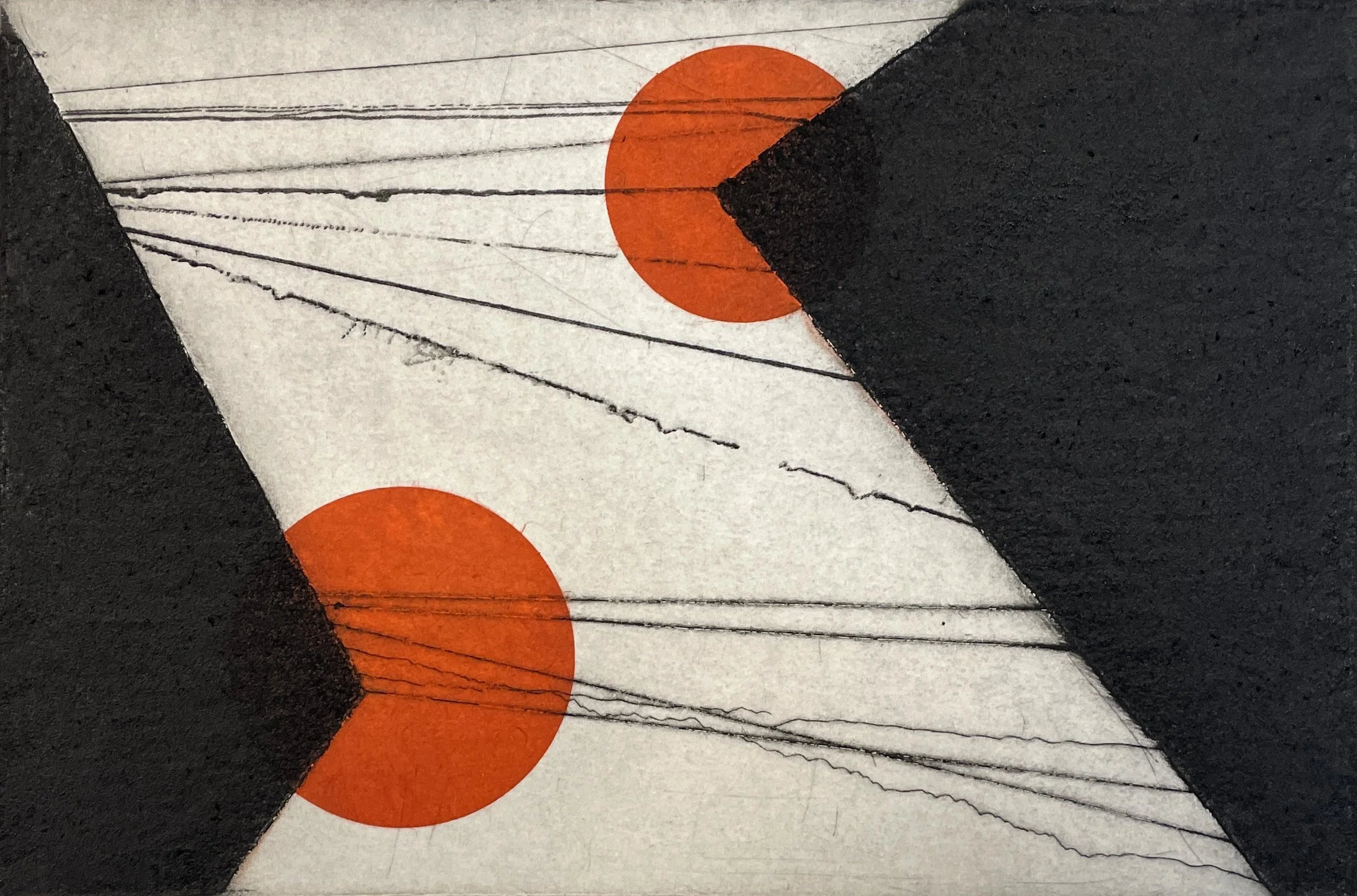 Christopher Moon

Fizz#2(orange circles), 2025.

Drypoint with Chin Collé. Edition of 30

Framed 475mm x 380mm £350

Unframed 295mm x 195mm £250