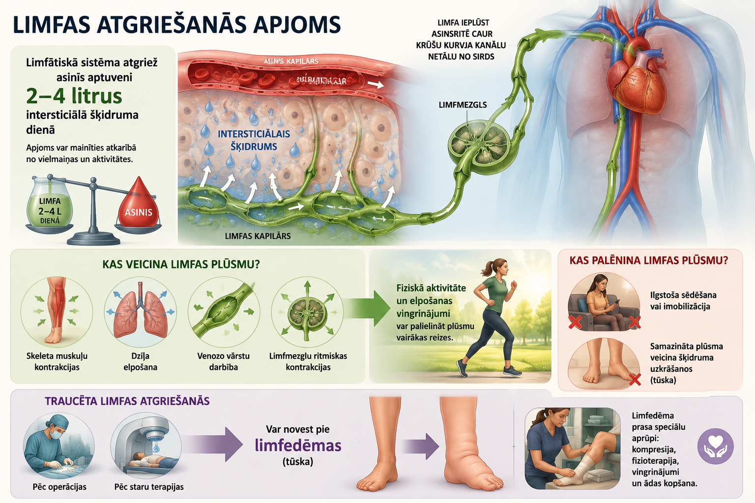 An infographic explaining lymphatic drainage, showing lymphatic vessels, lymph nodes, and the cardiovascular system, with sections on lymphatic system functions, what causes lymph node swelling, how lymphatic drainage occurs, and how it can be clogged, with illustrations of exercise, surgery, and therapy.