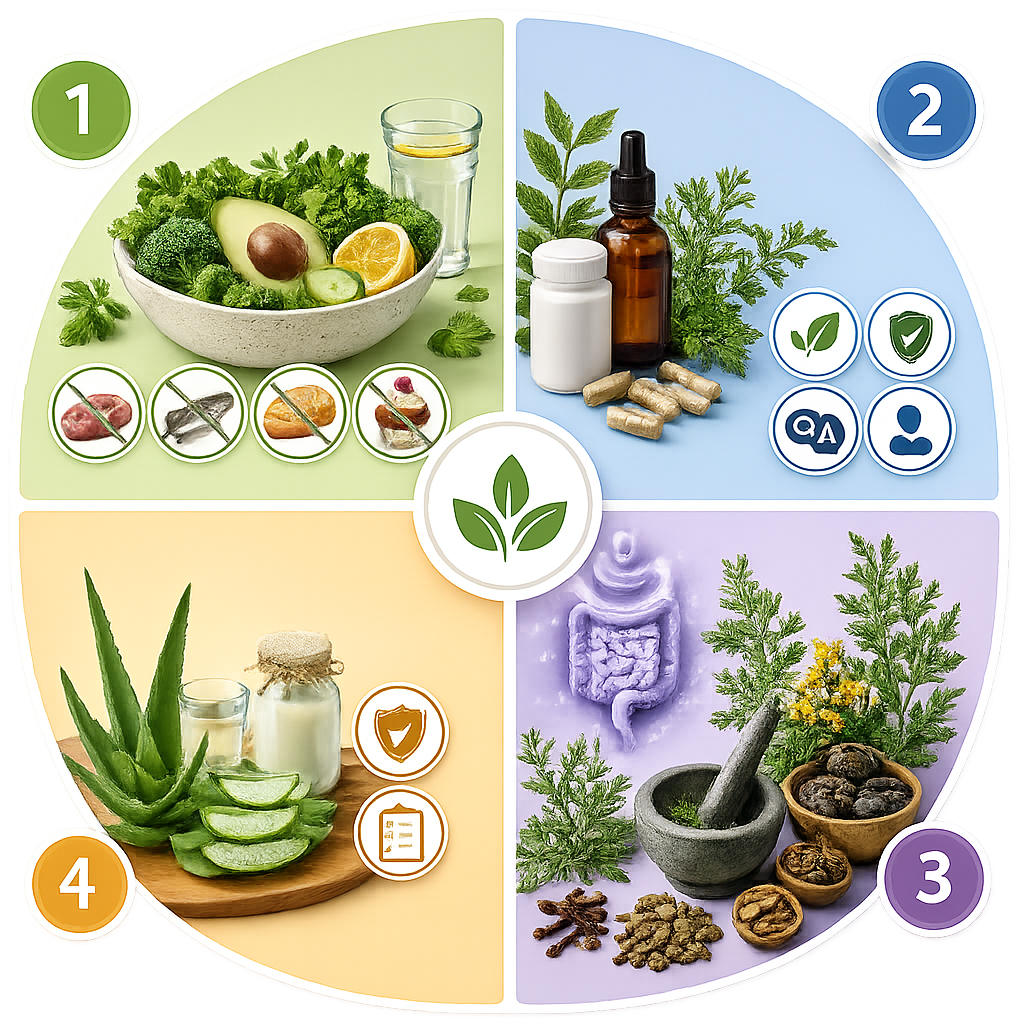 A diagram divided into four sections illustrating health and wellness remedies. Section 1 shows a bowl of vegetables and lemon slices with supplements icons. Section 2 displays herbal and supplement bottles with icons indicating eco-friendliness, safety, and user support. Section 3 presents medicinal herbs, dried herbs, roots, and a mortar and pestle. Section 4 features aloe vera, aloe slices, and related pictures.