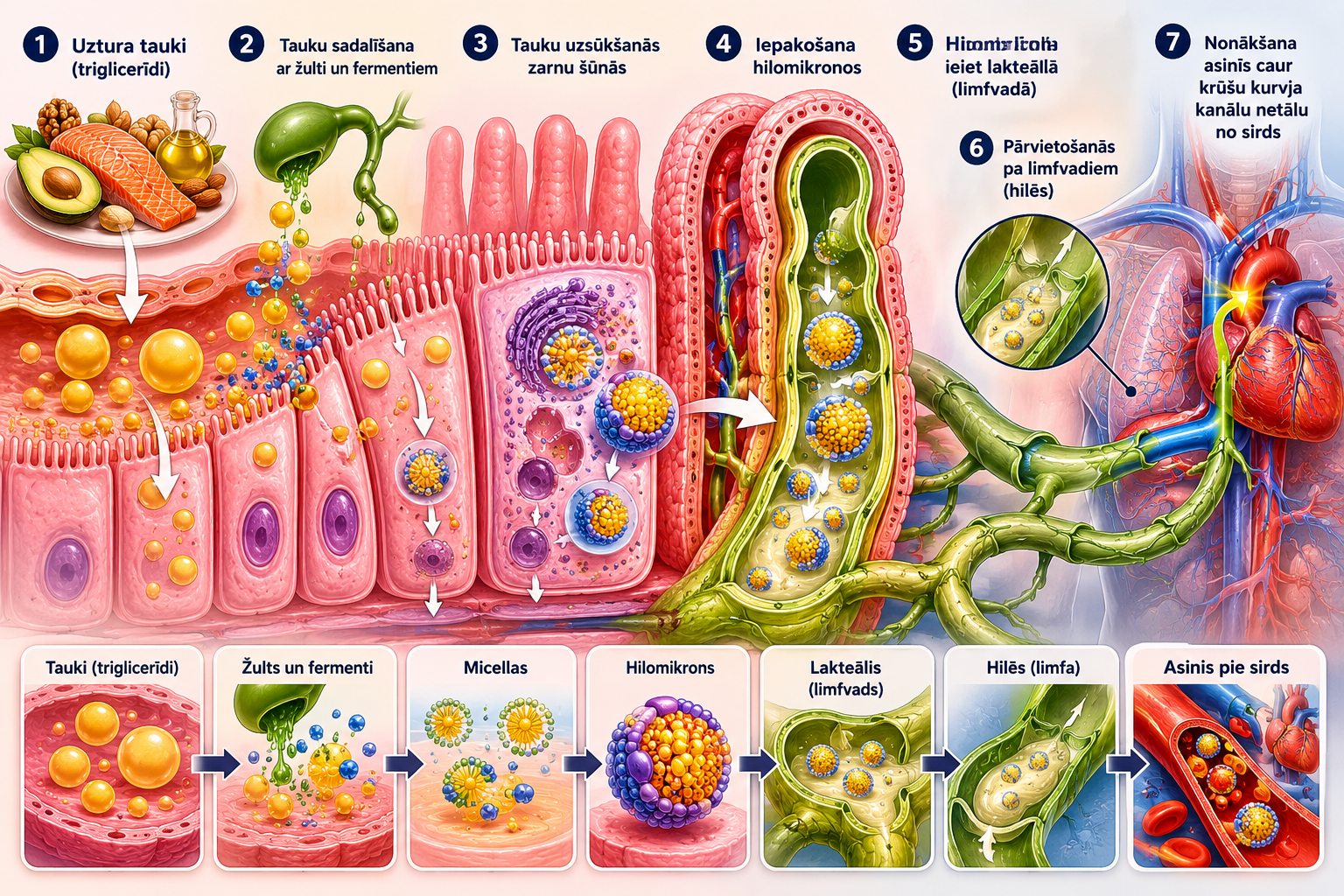 A detailed diagram illustrating the process of how triglycerides from food are broken down and absorbed in the human body, including stages like digestion, micelle formation, absorption into intestinal cells, packaging into chylomicrons, and transport through the lymphatic and blood circulation to the heart.
