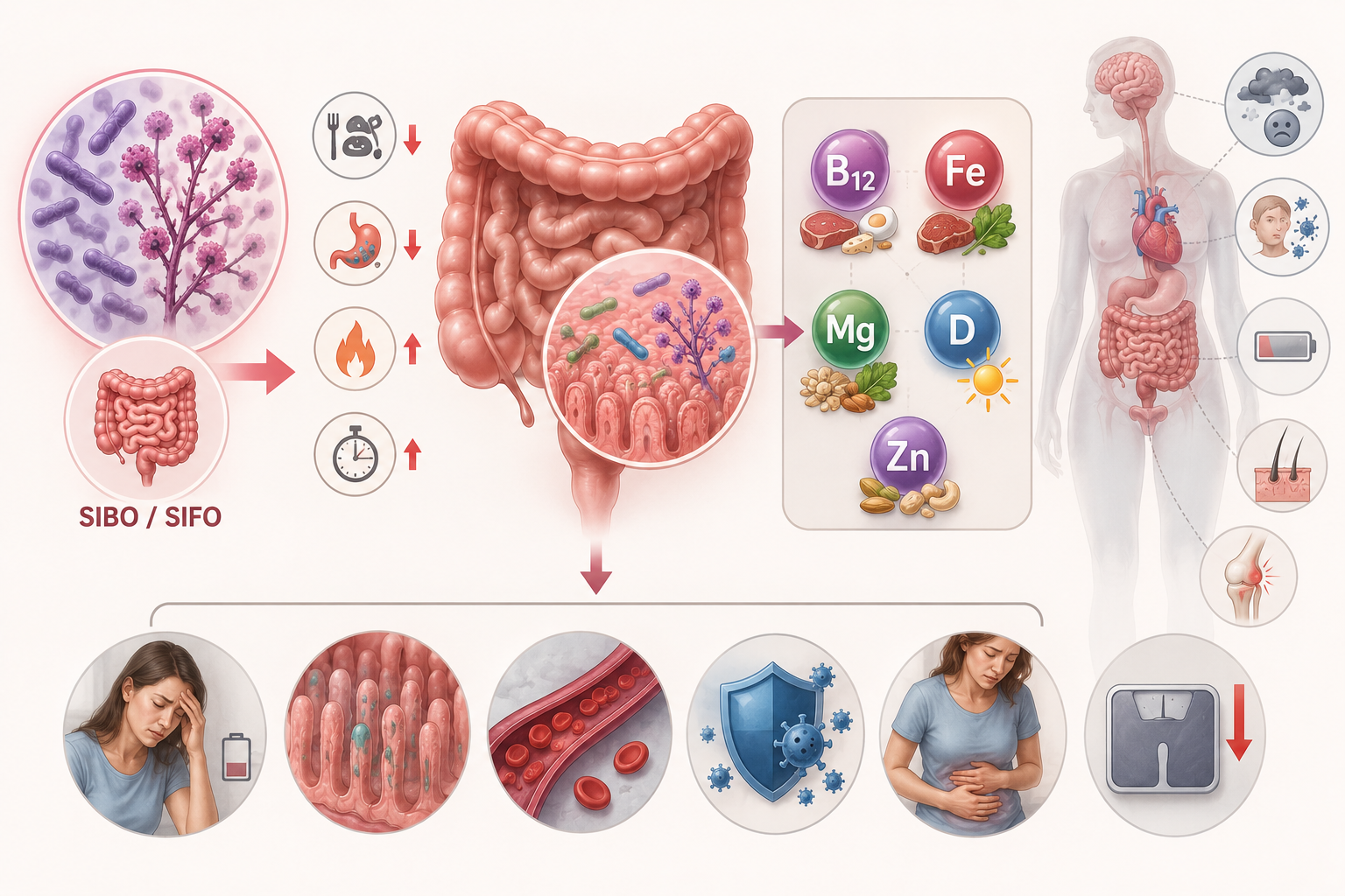 Diagram illustrating the effects of SIBO/SIFO on gut bacteria, leading to symptoms like fatigue, digestive issues, and inflammation, and the importance of vitamins and minerals for health.