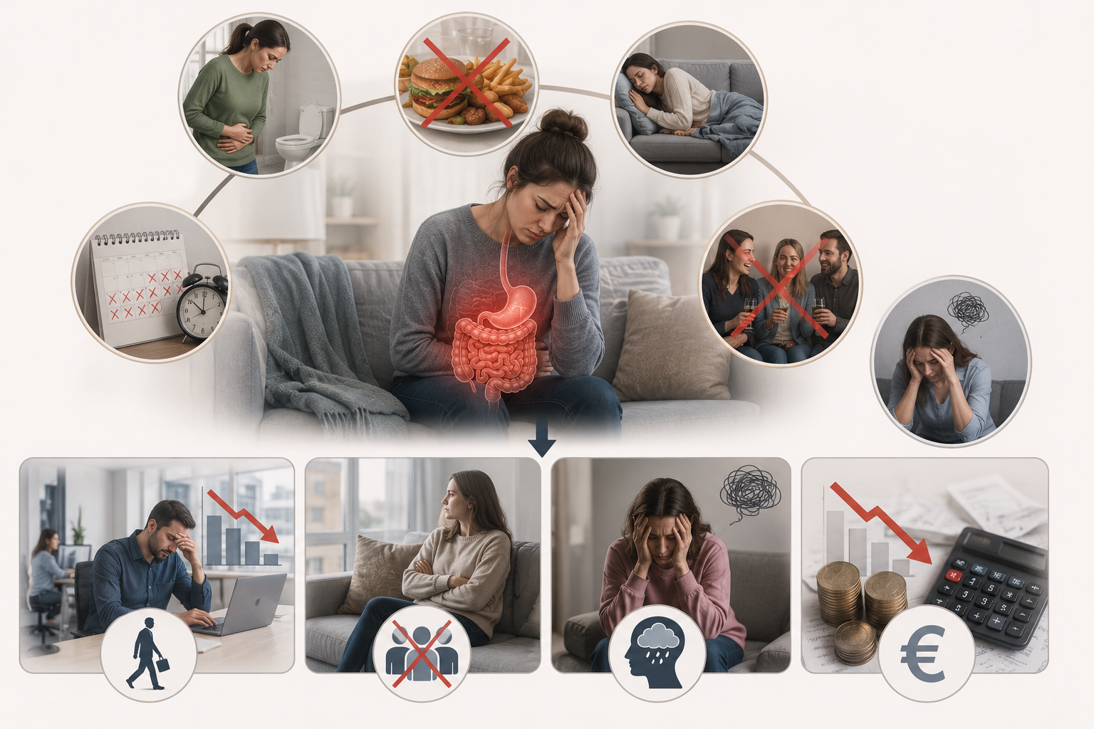 A woman sitting on a couch holding her stomach with a illustration of a digestive system overlayed, illustrating stomach pain. Surrounding her are images indicating causes of digestive issues, such as unhealthy eating, stress, and lack of exercise, with some marked with red crosses. Additional images show a man with a headache and declining financial charts, a woman with her head in her hands, and a calculator with coins, indicating stress, financial problems, and health concerns related to digestion.