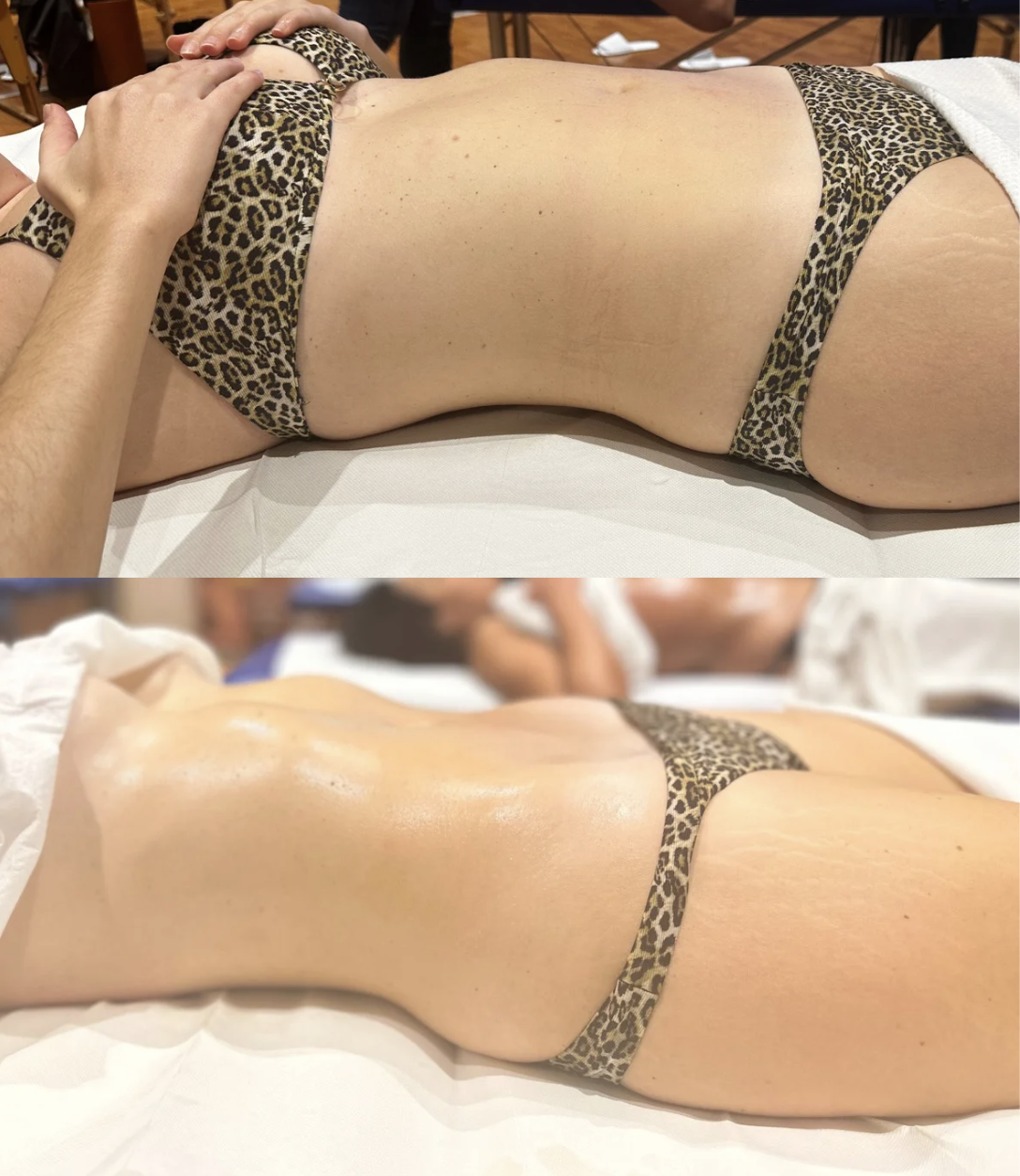 Close-up of a person's back and buttocks lying face down on a massage table, wearing leopard print underwear, with a massage therapist applying pressure on the upper back.