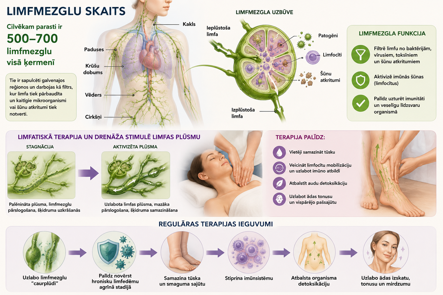 Diagram of the lymphatic system with labels on lymph nodes, vessels, and organs, along with a close-up of a lymph node and its contents showing pathogens, lymphocytes, and immune response features. Additional illustrations explain lymphatic therapy, drainage stimulation, and regular treatment steps for boosting immunity and detoxification.