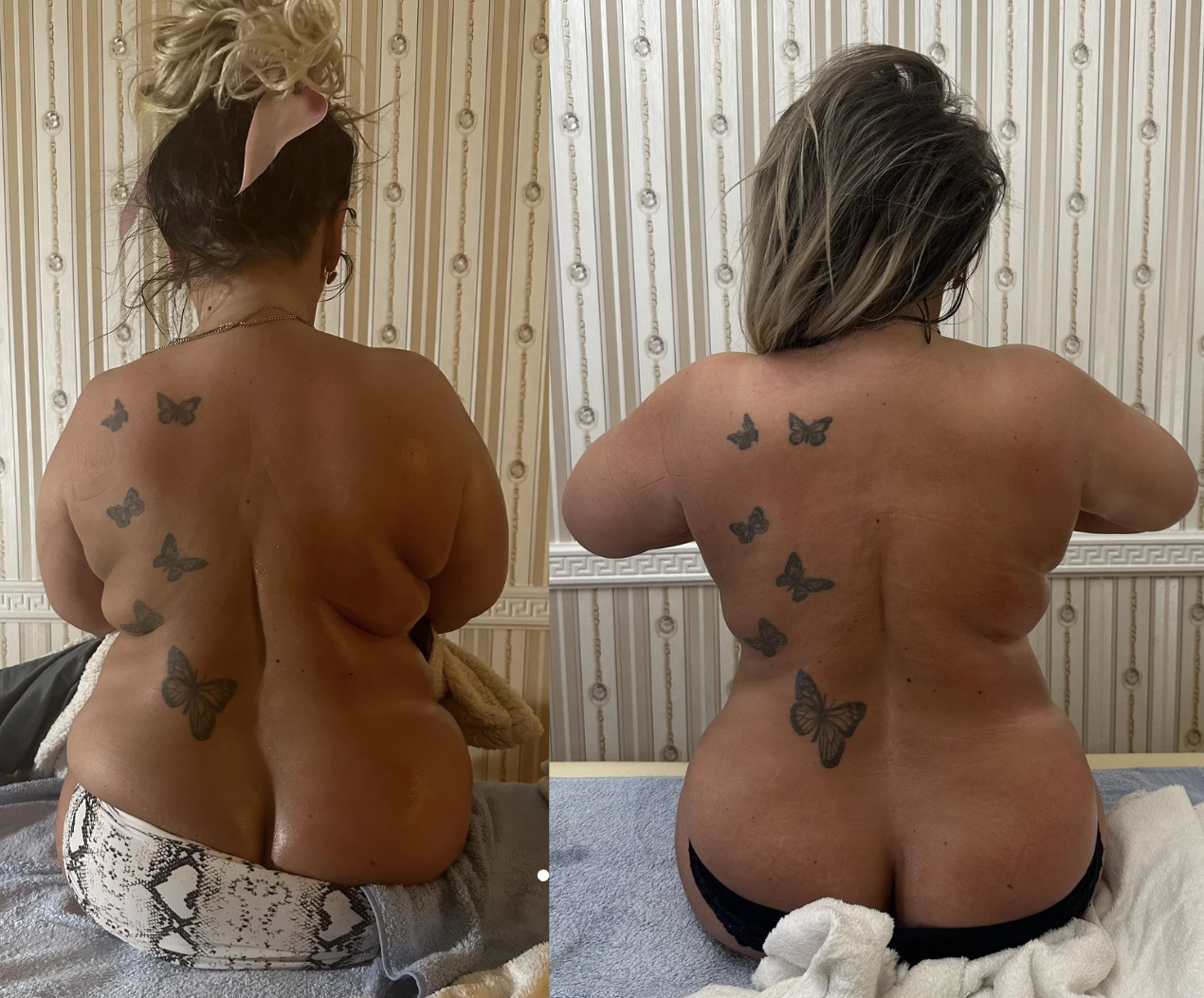 Side-by-side comparison of a woman with butterfly tattoos on her back, seen from behind. The left image shows her with darker skin, black and gray butterfly tattoos, wearing snake-print underwear and a messy bun. The right image shows her with lighter skin, similar butterfly tattoos, wearing black underwear and with tousled gray hair, in a different pose.