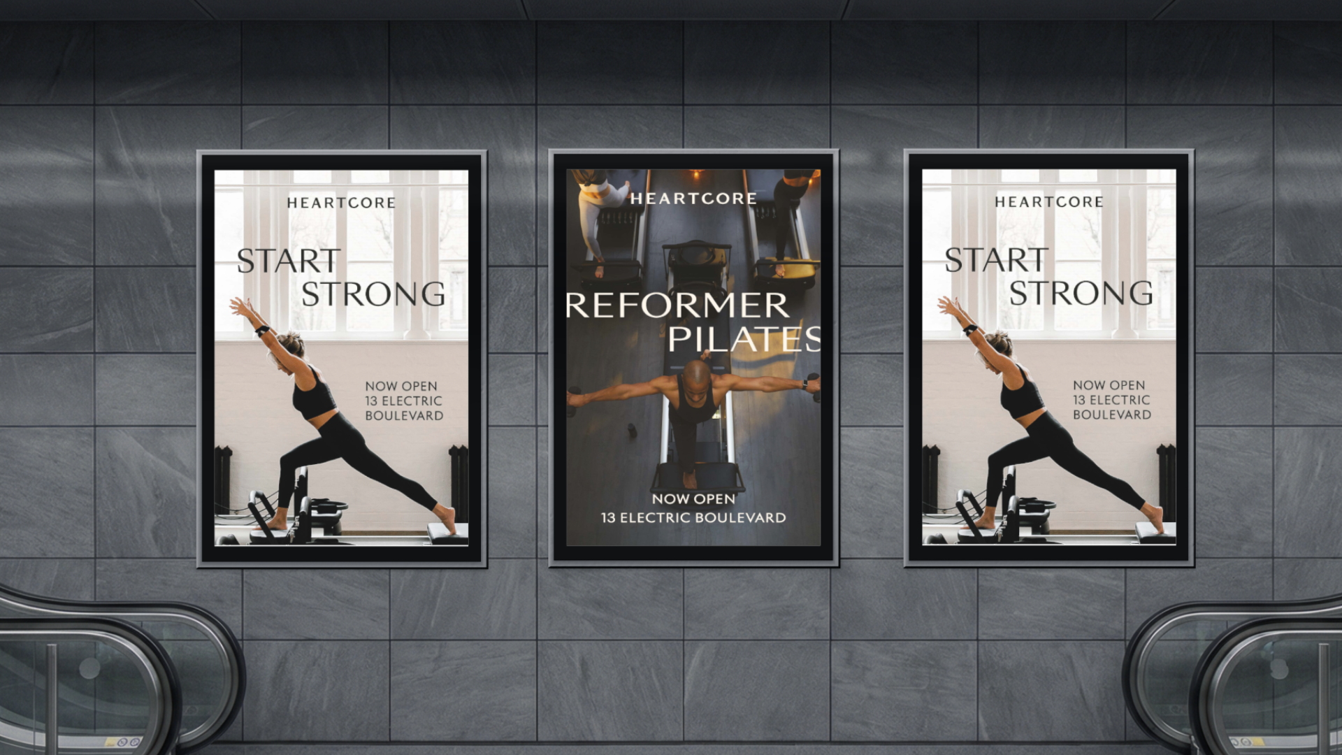 Out of house ads in the Underground commissioned for Heartcore pilates studio by Sylvie Studio