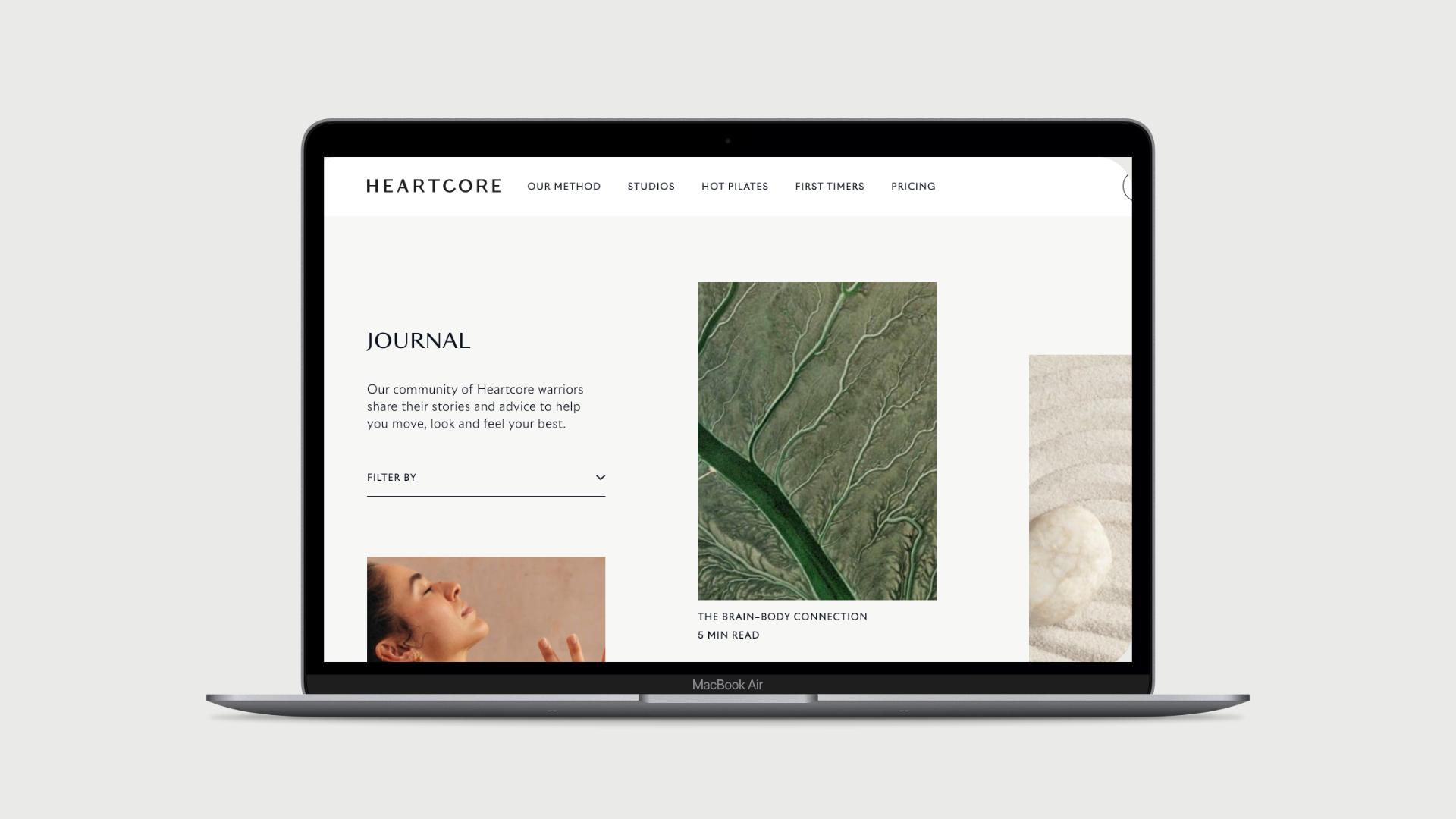 Digital editorial journal on a laptop written and produced for Heartcore pilates studio by Sylvie Studio