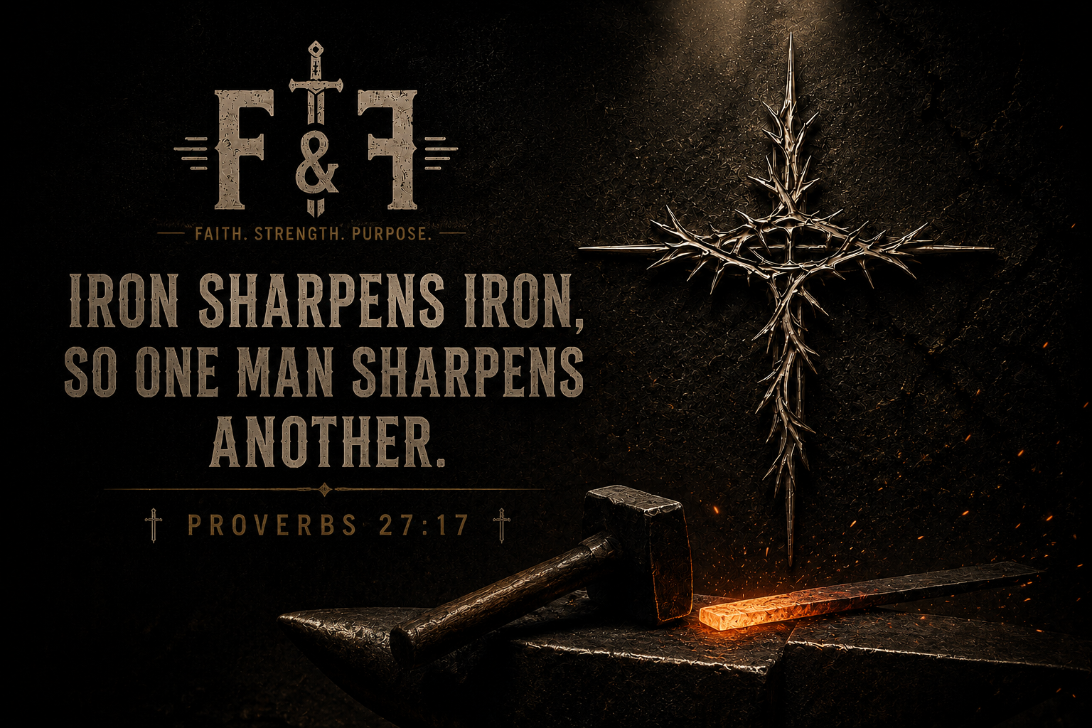 A black background with a metallic cross made of thorns, a hammer, and a glowing hot metal rod with sparks. Text includes a biblical quote from Proverbs 27:17: "Iron sharpens iron, so one man sharpens another."