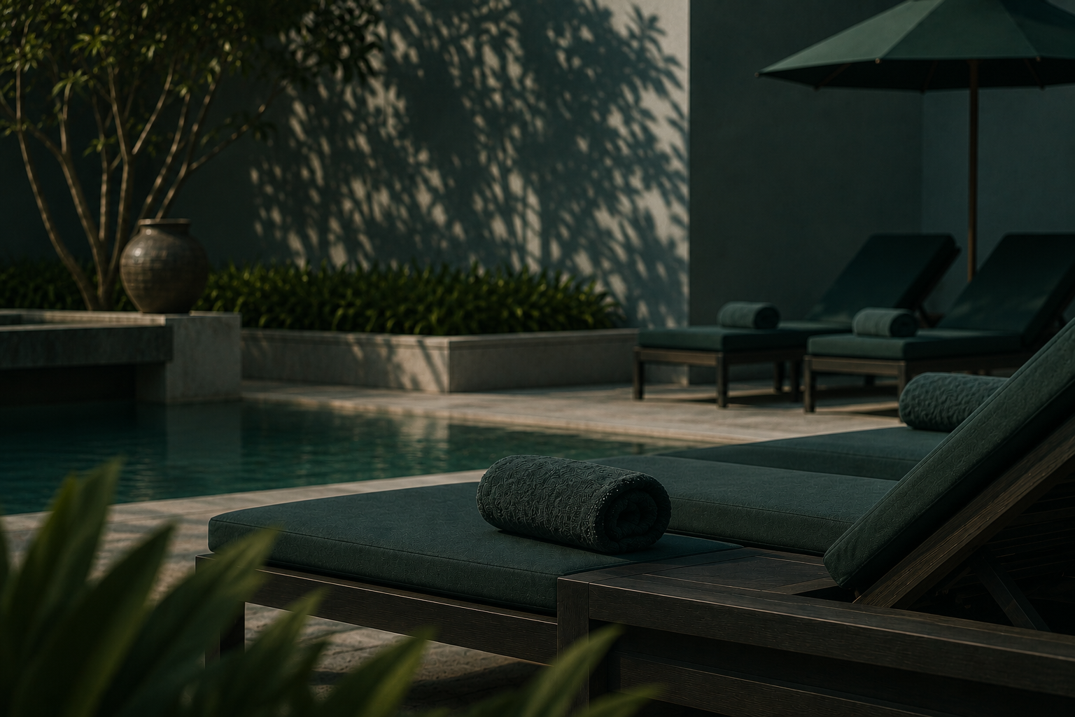 Outdoor poolside area with lounge chairs, rolled towels, a shaded umbrella, and surrounding greenery