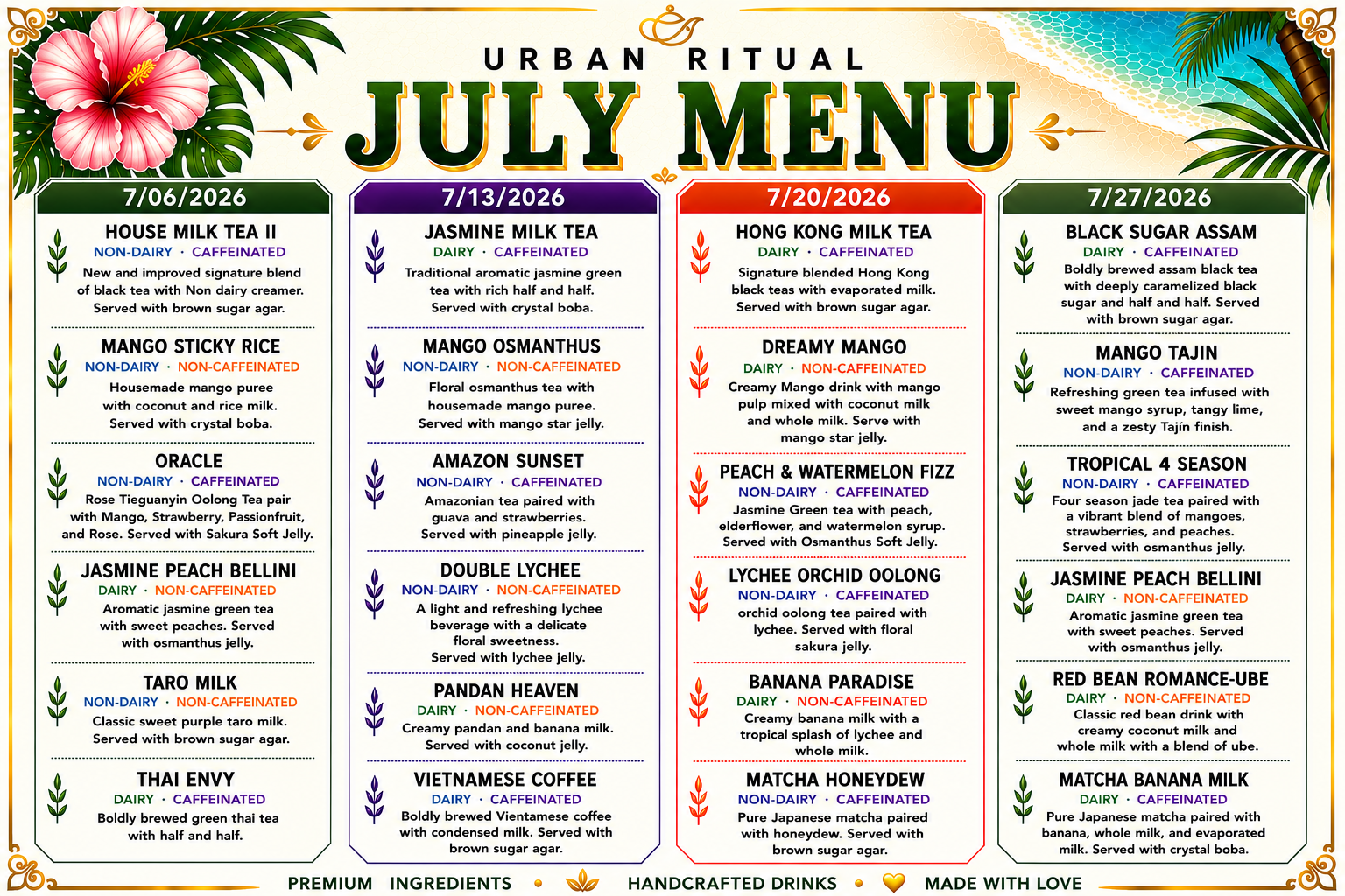 A colorful July menu for an urban ritual tea shop with various tea options categorized by date, including descriptions and ingredients, featuring tropical design with flowers, leaves, and a beach scene background.