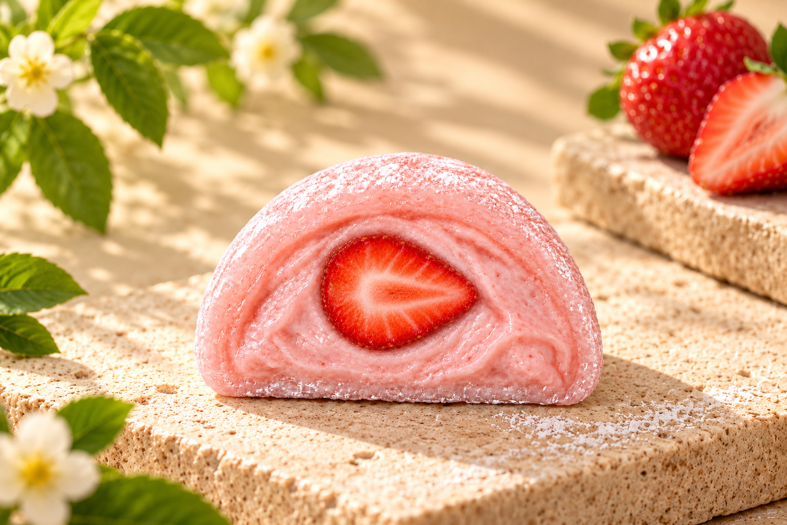 Strawberry Mochi in Sunlit Garden.png