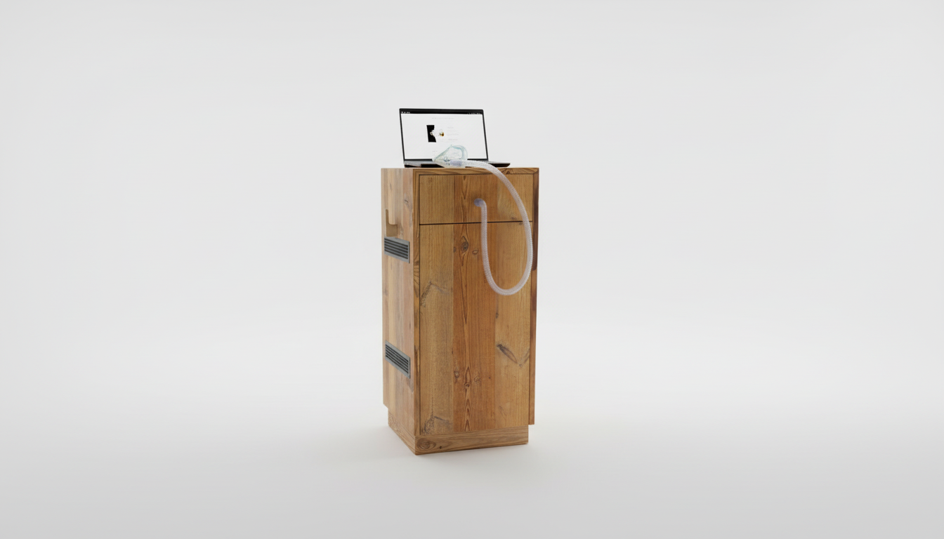 Ein Holzständer mit einem Laptop und einer Gesichtsmaske, verbunden durch einen Schlauch, auf einer weißen Oberfläche.