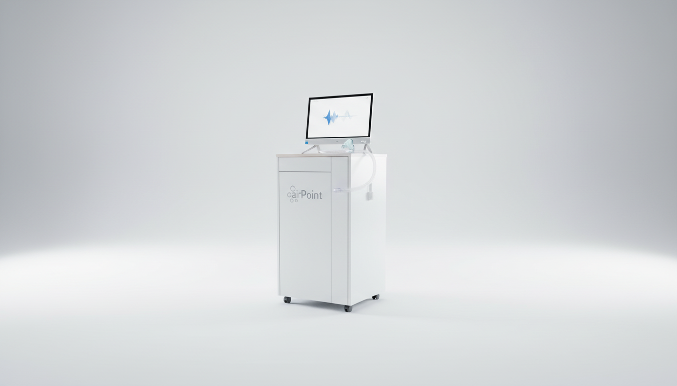 Ein medizinisches Gerät namens airPoint mit einem Bildschirm, auf dem eine Sprachwellenvisualisierung angezeigt wird, steht auf einem weißen Hintergrund.
