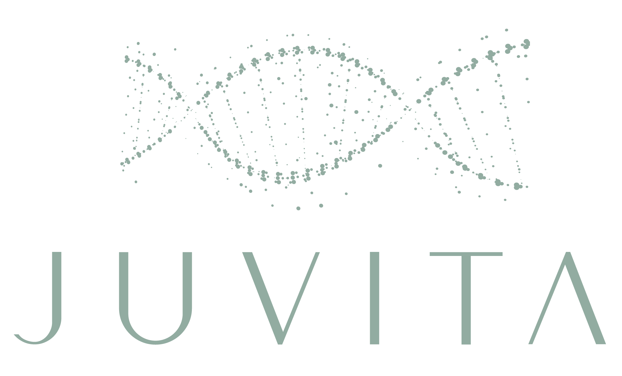 Das Bild zeigt ein Logo mit einer stilisierten Darstellung einer DNA-Doppelhelix, bestehend aus vielen kleinen Punkten, darüber der Schriftzug "JUVITA".