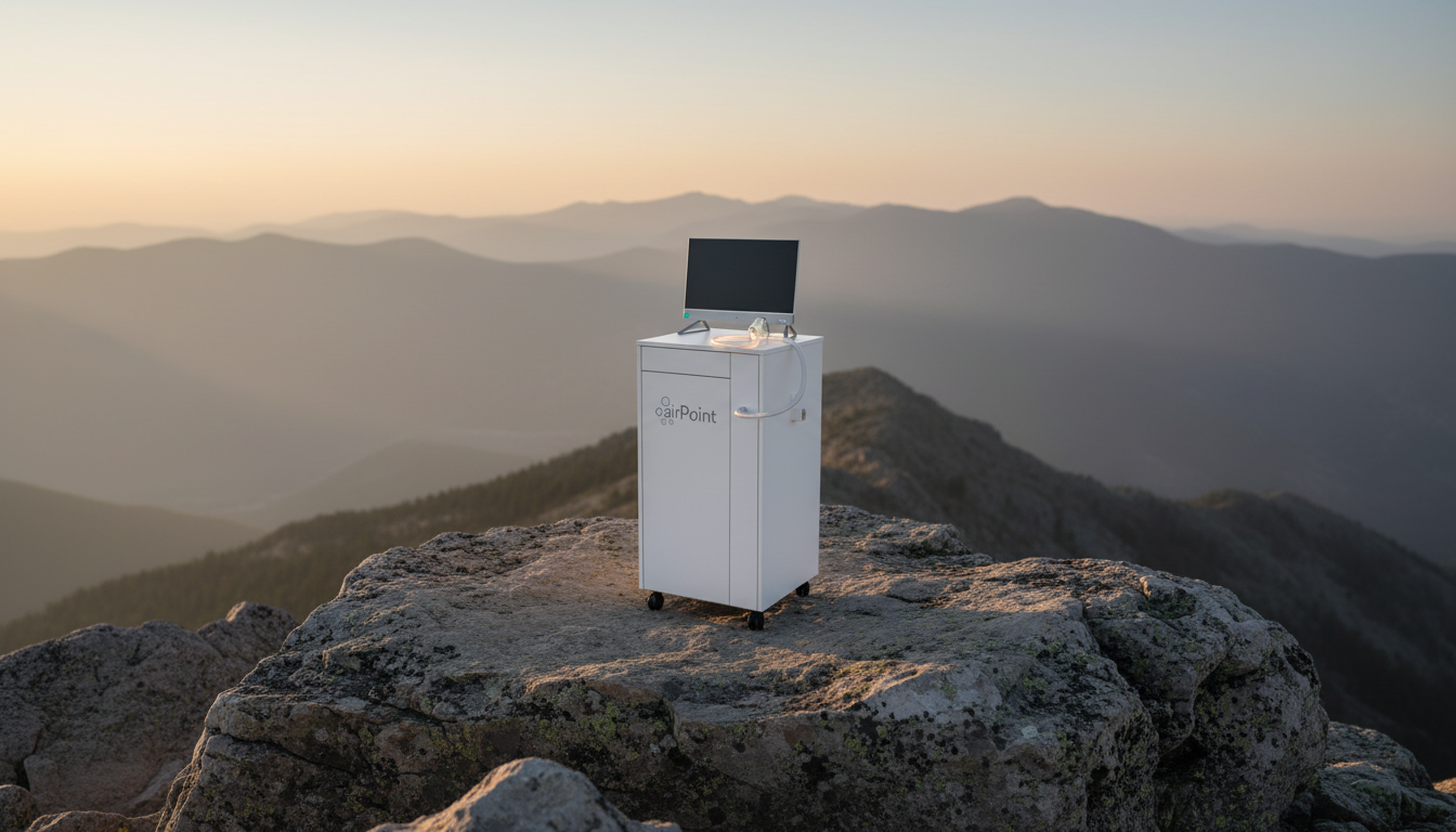 Eine medizinische Gerät namens 'airPoint' auf einem Felsen, mit einem Computer und Kabel, vor einer Berglandschaft bei Sonnenuntergang.