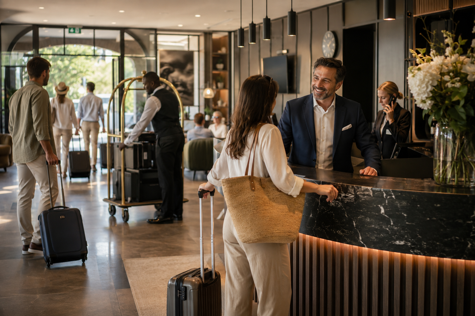Une reception d'hôtel avec un personnel aidant des clients avec leurs valises, un couple parlant avec le personnel à la réception et d'autres clients au fond.