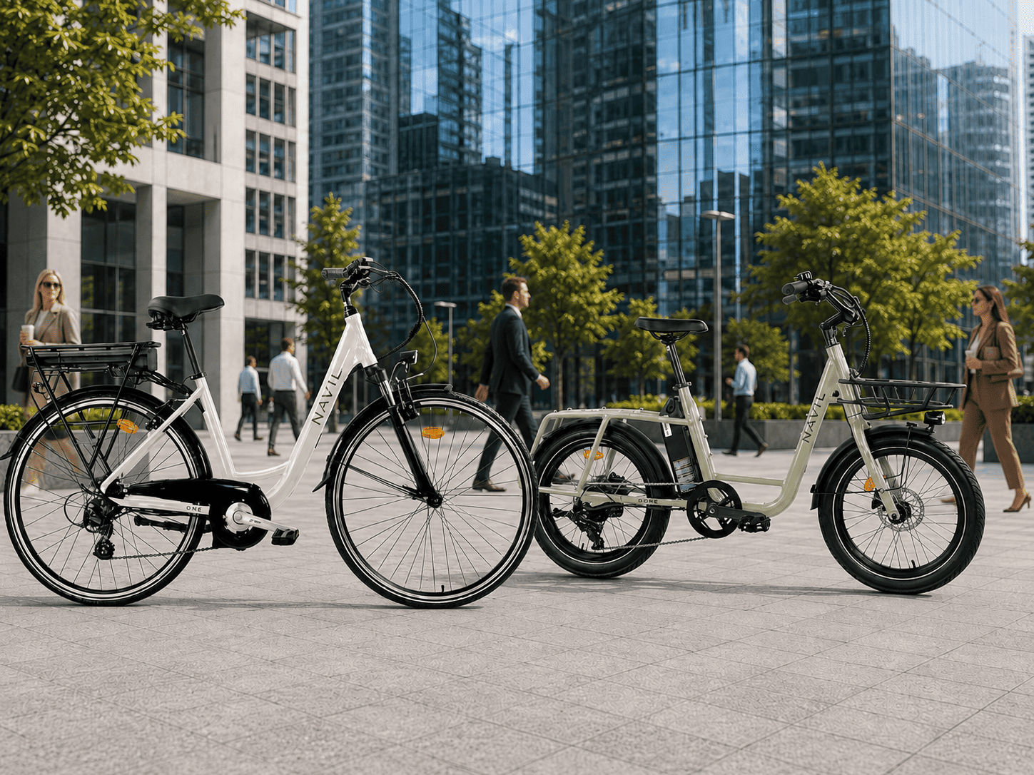Deux vélos électriques blancs avec le mot "NAVII" sur le cadre, stationnés dans une zone urbaine moderne avec des bâtiments en verre et plusieurs personnes marchant dans le fond, sous des arbres au printemps.