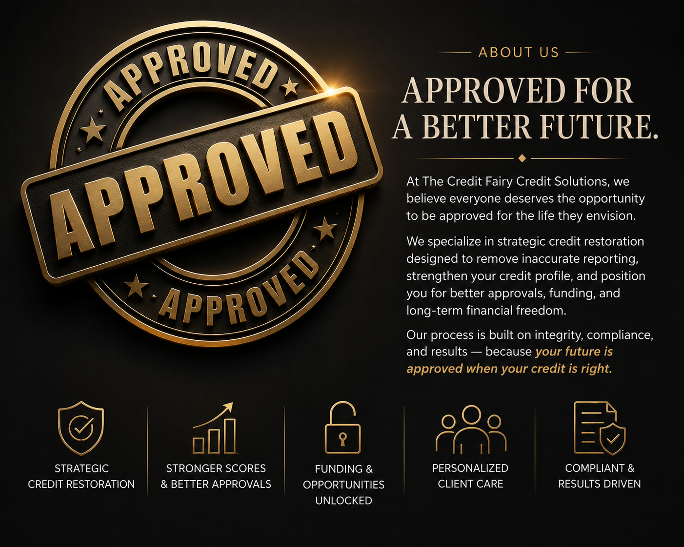 A digital graphic with a gold and black color scheme promoting credit approval. A prominent gold seal displays the word 'APPROVED,' and the text explains the company's dedication to credit restoration, stronger scores, better approvals, funding, client care, and compliance. Icons below represent these services.