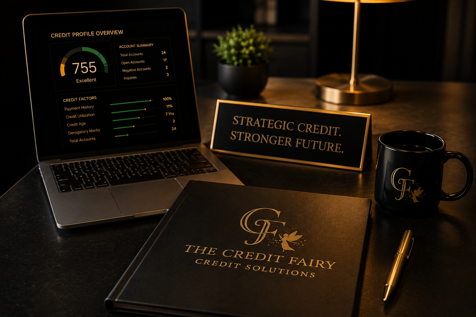 A workspace with a laptop displaying a credit profile overview, a black notebook with gold lettering and logo, a gold pen, a black mug with gold logo, a small plant, and a sign reading 'Strategic Credit. Stronger Future.' on a dark desk.