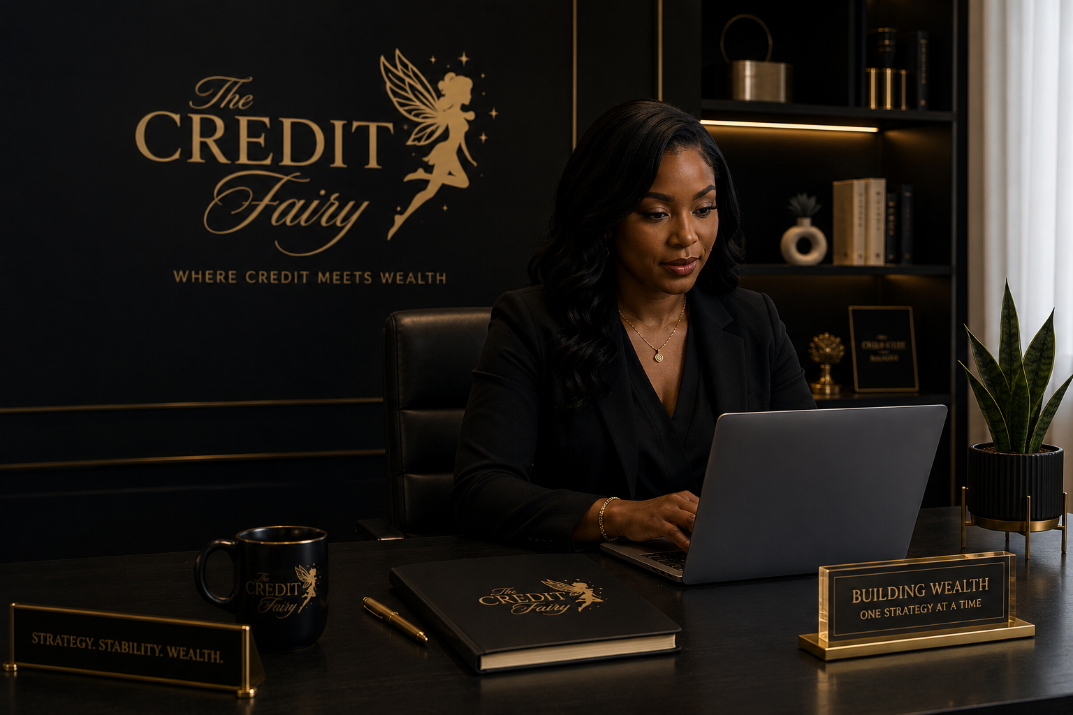 A woman sitting at a black desk working on a laptop in a modern office with a decorative wall sign reading 'The Credit Fairy' and the tagline 'Where credit meets wealth.' The desk has motivational signs, a black mug, a gold pen, and a potted plant.