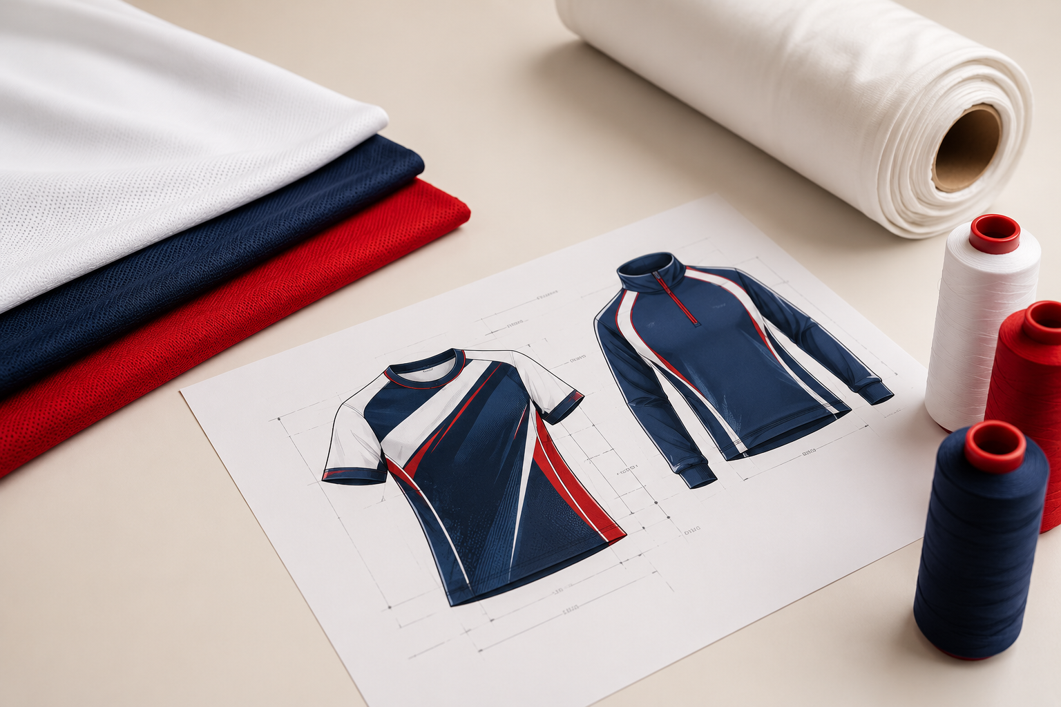 Design sketches of teamwear jerseys on paper, surrounded by fabric rolls and spools of thread.