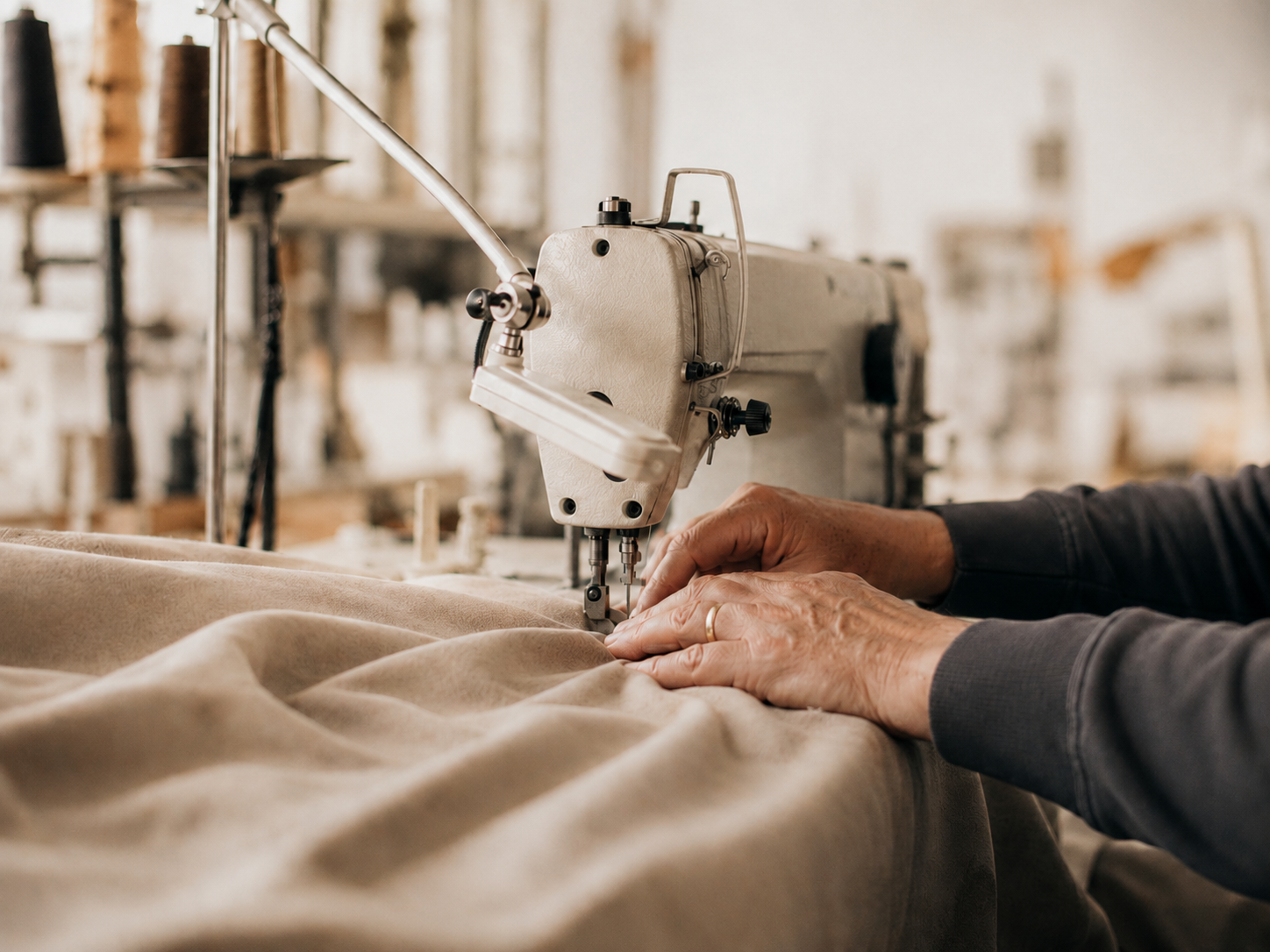 Close-up of a person sewing fabric with a sewing machine in a workshop.