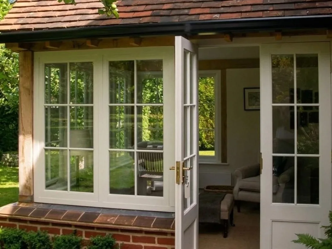Oak-framed garden room extension in Highclere, Hampshire, creating a light-filled living space with strong connections to the surrounding garden. 