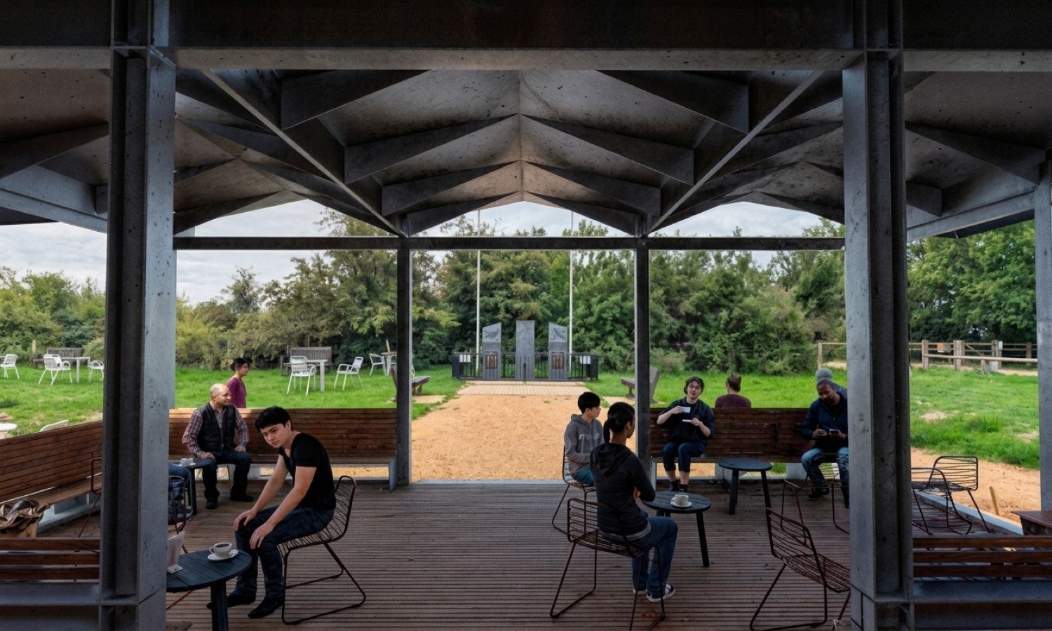 Contemporary pavilion at Greenham Common Control Tower, Berkshire, designed to complement the historic landmark and surrounding landscape - Edge Architecture