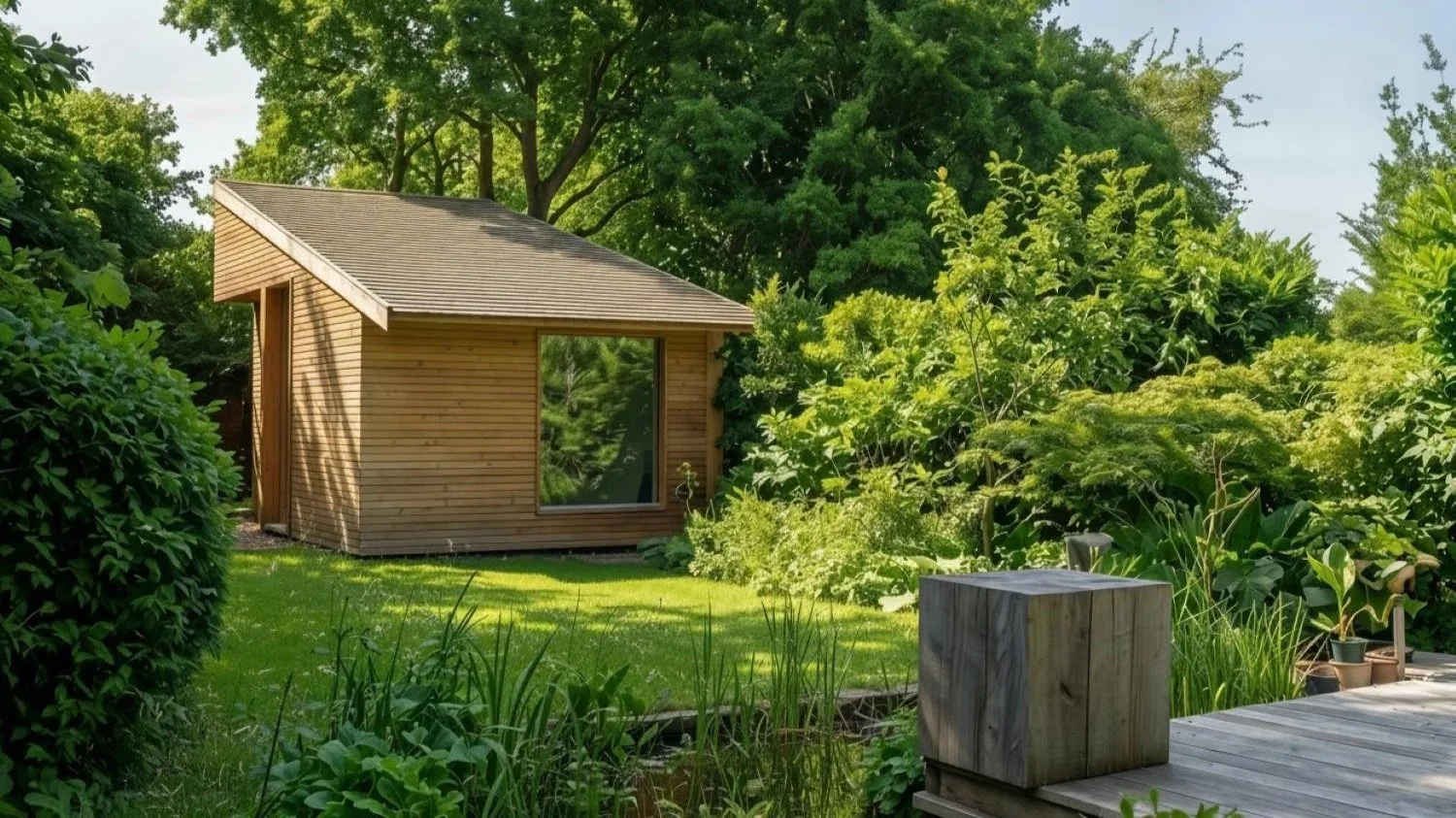 A garden shed combining practical storage and a tranquil garden room, with views of the pond, allotments and canal, beneath a trellis roof intended to support future climbing plants- Edge Architecture